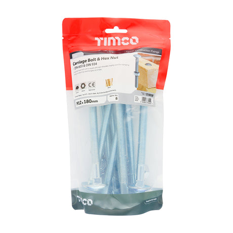 This is an image of Timco - Carriage Bolts & Hex Nuts - Zinc M12 x 180mm - (8 PCS TIMbag) 12180CBB