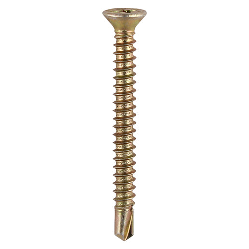 This is an image of Timco - Window Fabrication Screws - Countersunk with Ribs - PH - Self-Tapping - Self-Drilling Point - Yellow 3.9 x 19mm - (1000 PCS Box) 122Y
