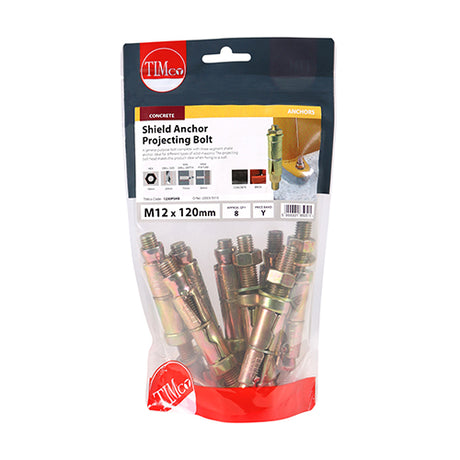 This is an image of Timco - Shield Anchor Projecting Bolts - Yellow M12:30P (M12 x 120)mm - (8 PCS TIMbag) 1230PSHB