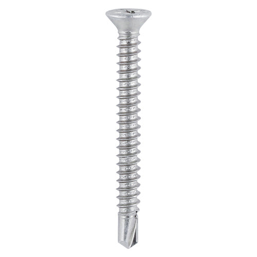 This is an image of Timco - Window Fabrication Screws - Countersunk - PH - Self-Tapping Thread - Self-Drilling Point - Martensitic Stainless Steel & Silver Organic 3.9 x 25mm - (1000 PCS Box) 123SS
