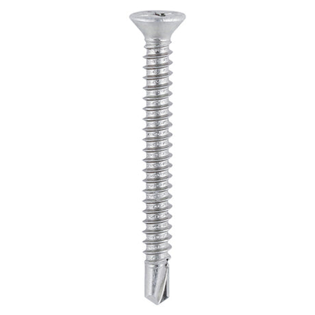 This is an image of Timco - Window Fabrication Screws - Countersunk - PH - Self-Tapping Thread - Self-Drilling Point - Martensitic Stainless Steel & Silver Organic 3.9 x 38mm - (1000 PCS Box) 125SS