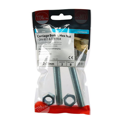 This is an image of Timco - Carriage Bolts & Hex Nuts - Zinc M12 x 75mm - (2 PCS TIMpac) 1275CBP