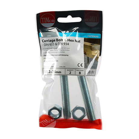This is an image of Timco - Carriage Bolts & Hex Nuts - Zinc M12 x 75mm - (2 PCS TIMpac) 1275CBP