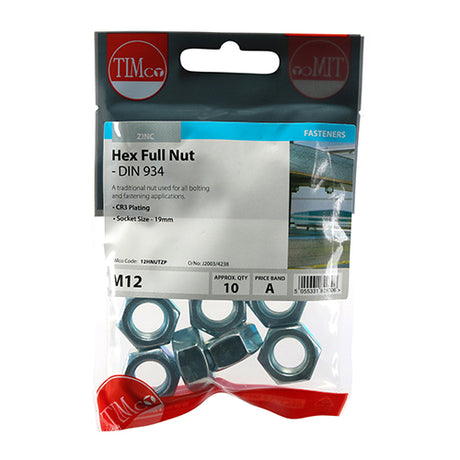 This is an image of Timco - Hex Full Nuts - Zinc M12 - (10 PCS TIMpac) 12HNUTZP