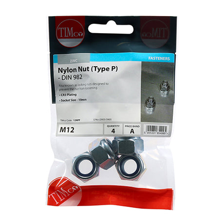 This is an image of Timco - Nylon Nuts - Type P - Zinc M12 - (4 PCS TIMpac) 12NPP