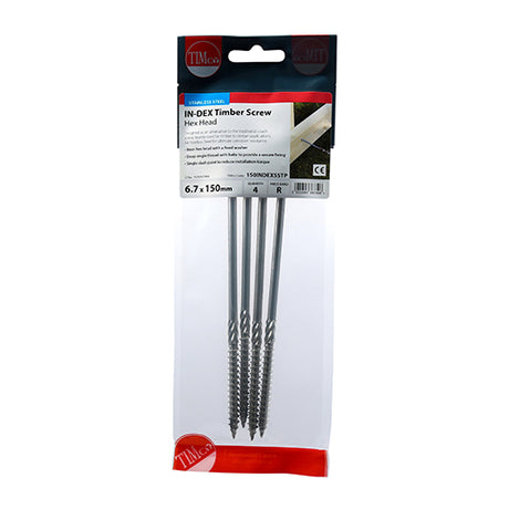 This is an image of Timco - Timber Screws - Hex - Stainless Steel 6.7 x 150mm - (4 PCS TIMpac) 150INDEXSSTP