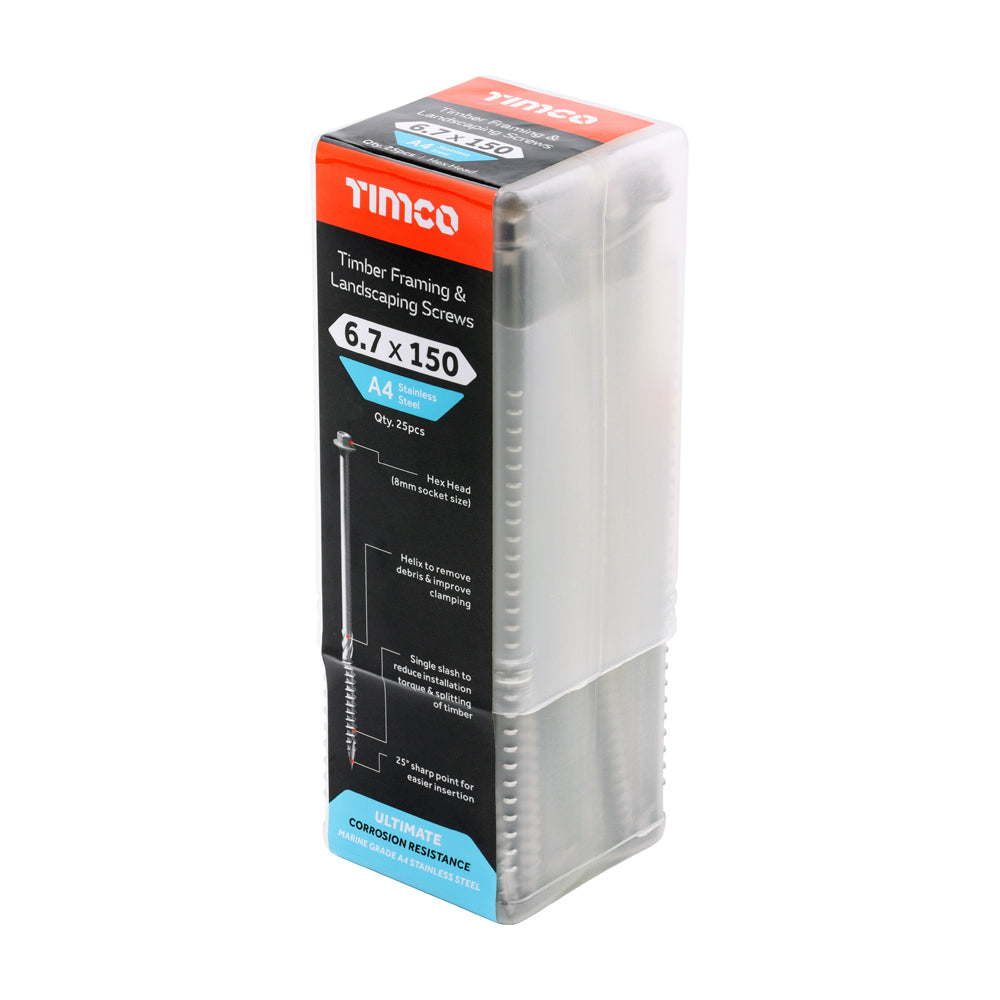 This is an image of Timco - Timber Frame Construction & Landscaping Screws - Hex - A4 Stainless Steel 6.7 x 150mm - (25 PCS Tube) 150INDEXSST