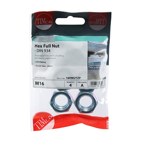 This is an image of Timco - Hex Full Nuts - Zinc M16 - (4 PCS TIMpac) 16HNUTZP