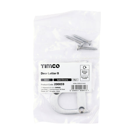 This is an image of Timco - Door Letter B - Satin Chrome 64mm (1 Each Bag) 200059