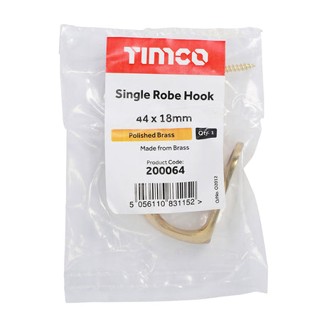 This is an image of Timco - Single Robe Hook - Polished Brass 44 x 18mm (1 Each Bag) 200064