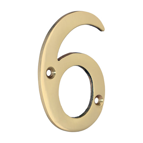 This is an image of Timco - Door Numeral 6 - Polished Brass 75mm (1 Each TIMpac) 200106P