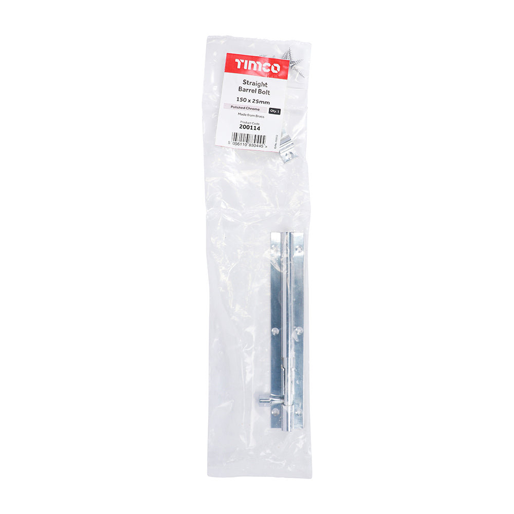 This is an image of Timco - Straight Barrel Bolt - Polished Chrome 150 x 25mm (1 Each Bag) 200114