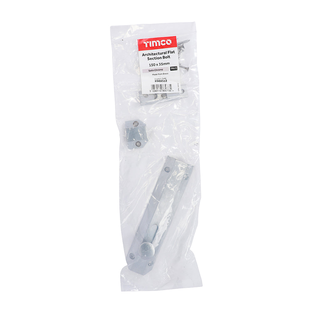 This is an image of Timco - Architectural Flat Section Bolt - Satin Chrome 150 x 35mm (1 Each Bag) 200222