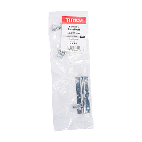 This is an image of Timco - Straight Barrel Bolt - Polished Chrome 75 x 25mm (1 Each Bag) 200225