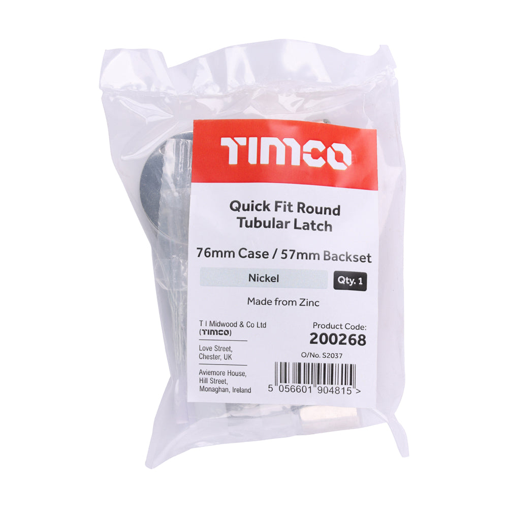 This is an image of Timco - Quick Fit Round Tubular Latch - Nickel 76 case / 57 backset (1 Each Bag) 200268