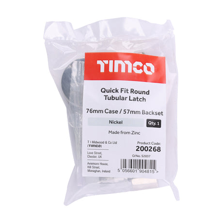 This is an image of Timco - Quick Fit Round Tubular Latch - Nickel 76 case / 57 backset (1 Each Bag) 200268