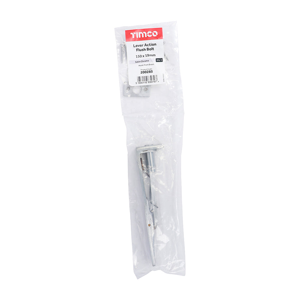 This is an image of Timco - Lever Action Flush Bolt - Satin Chrome 150 x 19mm (1 Each Bag) 200285