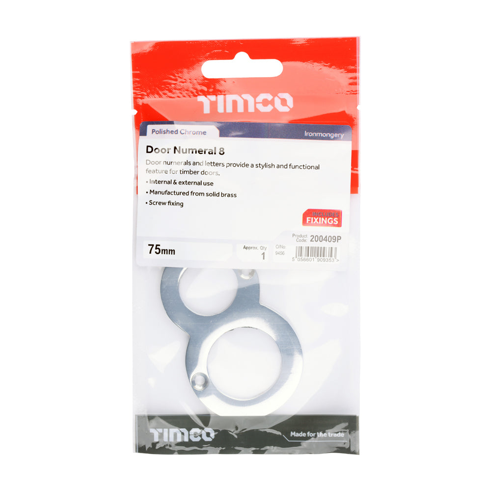 This is an image of Timco - Door Numeral 8 - Polished Chrome 75mm (1 Each TIMpac) 200409P