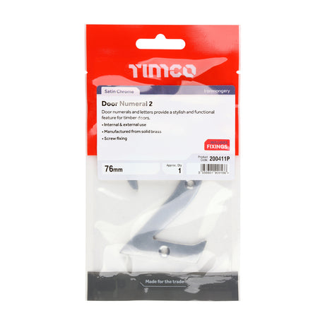 This is an image of Timco - Door Numeral 2 - Satin Chrome 76mm (1 Each TIMpac) 200411P