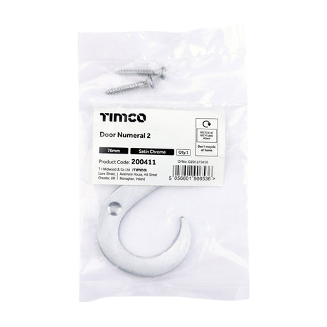 This is an image of Timco - Door Numeral 2 - Satin Chrome 76mm (1 Each Bag) 200411