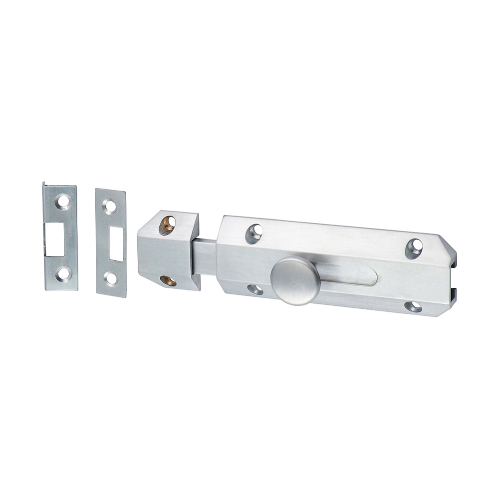 This is an image of Timco - Architectural Flat Section Bolt - Satin Chrome 100 x 35mm (1 Each Bag) 200464