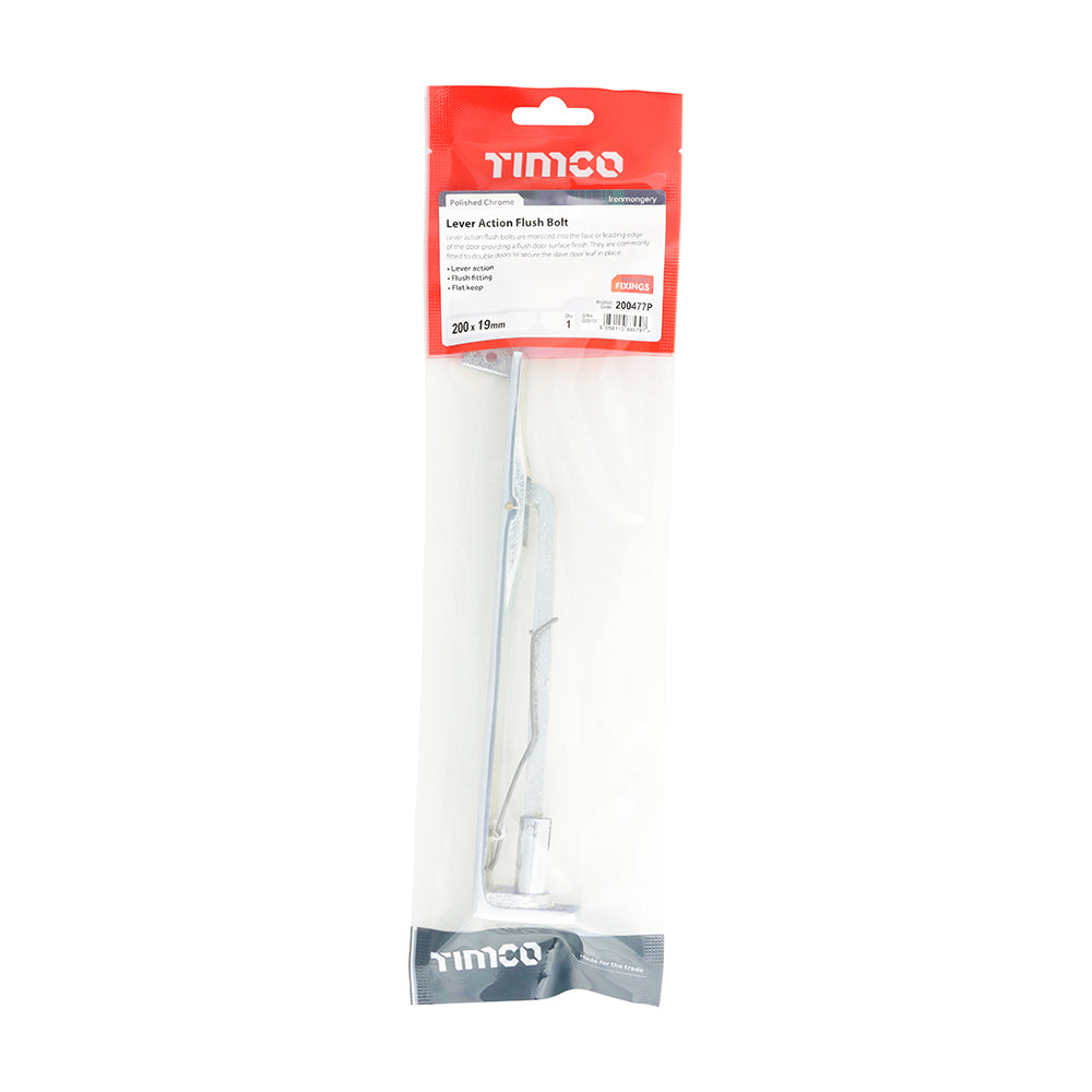 This is an image of Timco - Lever Action Flush Bolt - Polished Chrome 200 x 19mm (1 Each TIMpac) 200477P