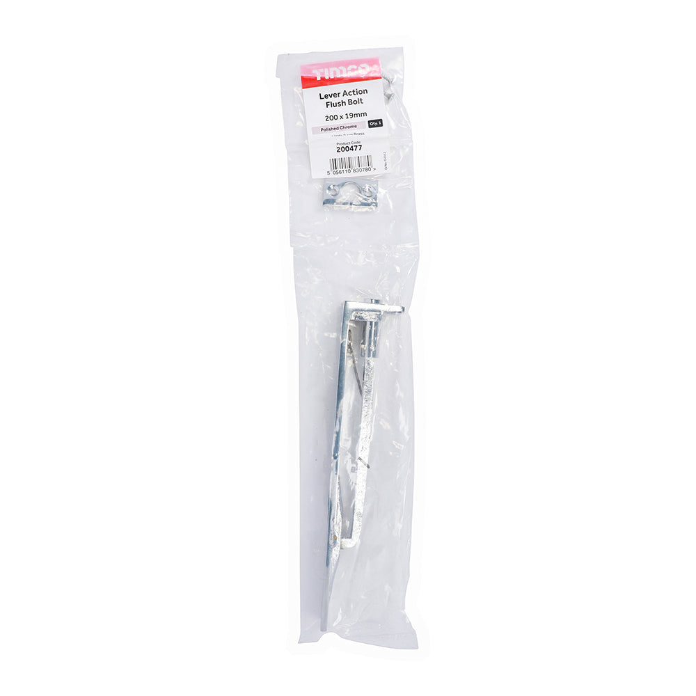 This is an image of Timco - Lever Action Flush Bolt - Polished Chrome 200 x 19mm (1 Each Bag) 200477