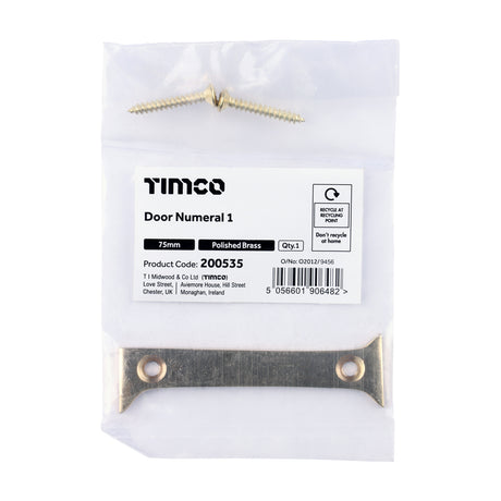 This is an image of Timco - Door Numeral 1 - Polished Brass 75mm (1 Each Bag) 200535