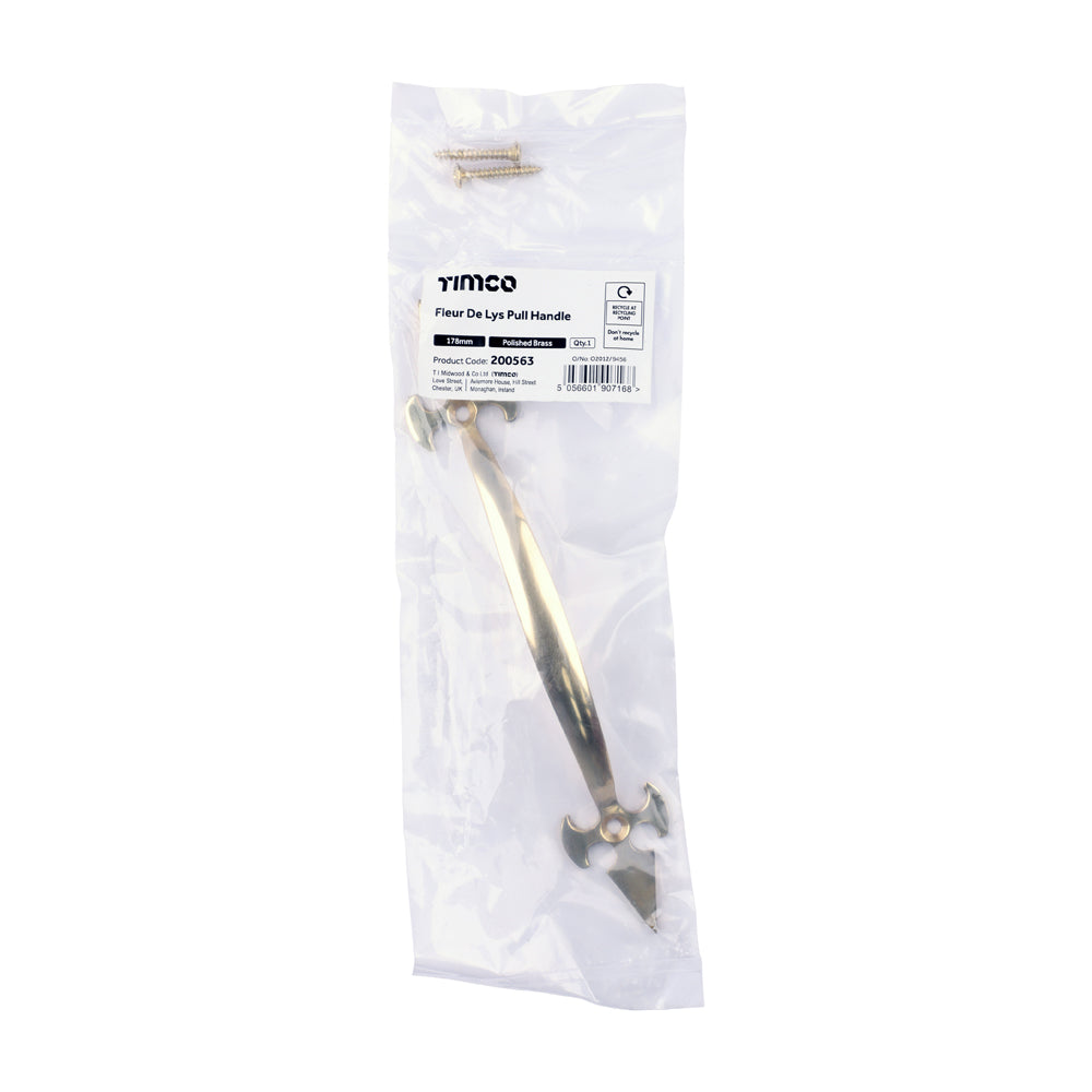 This is an image of Timco - Fleur De Lys Pull Handle - Polished Brass 178mm (1 Each Bag) 200563