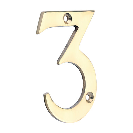 This is an image of Timco - Door Numeral 3 - Polished Brass 75mm (1 Each TIMpac) 200574P