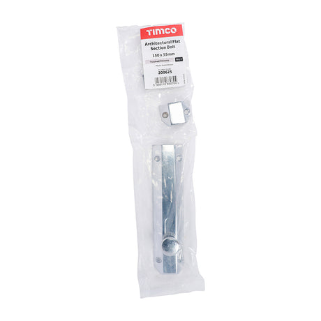 This is an image of Timco - Architectural Flat Section Bolt - Polished Chrome 150 x 35mm (1 Each Bag) 200625