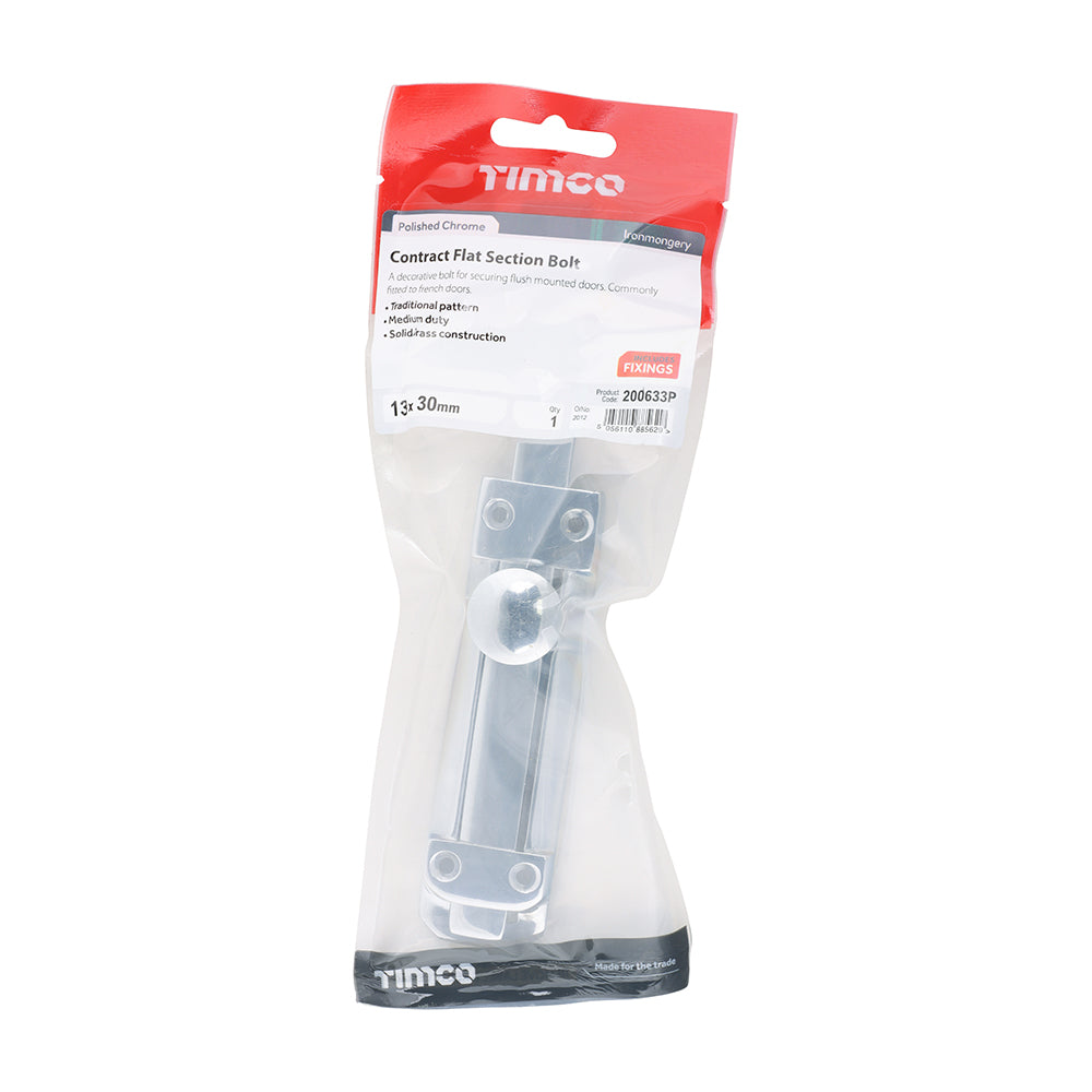 This is an image of Timco - Contract Flat Section Bolt - Polished Chrome 135 x 30mm (1 Each TIMpac) 200633P