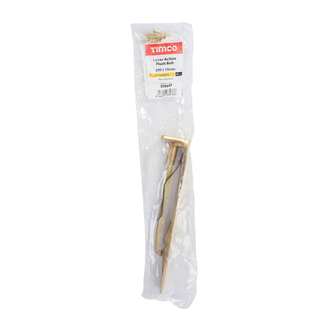 This is an image of Timco - Lever Action Flush Bolt - Polished Brass 200 x 19mm (1 Each Bag) 200643