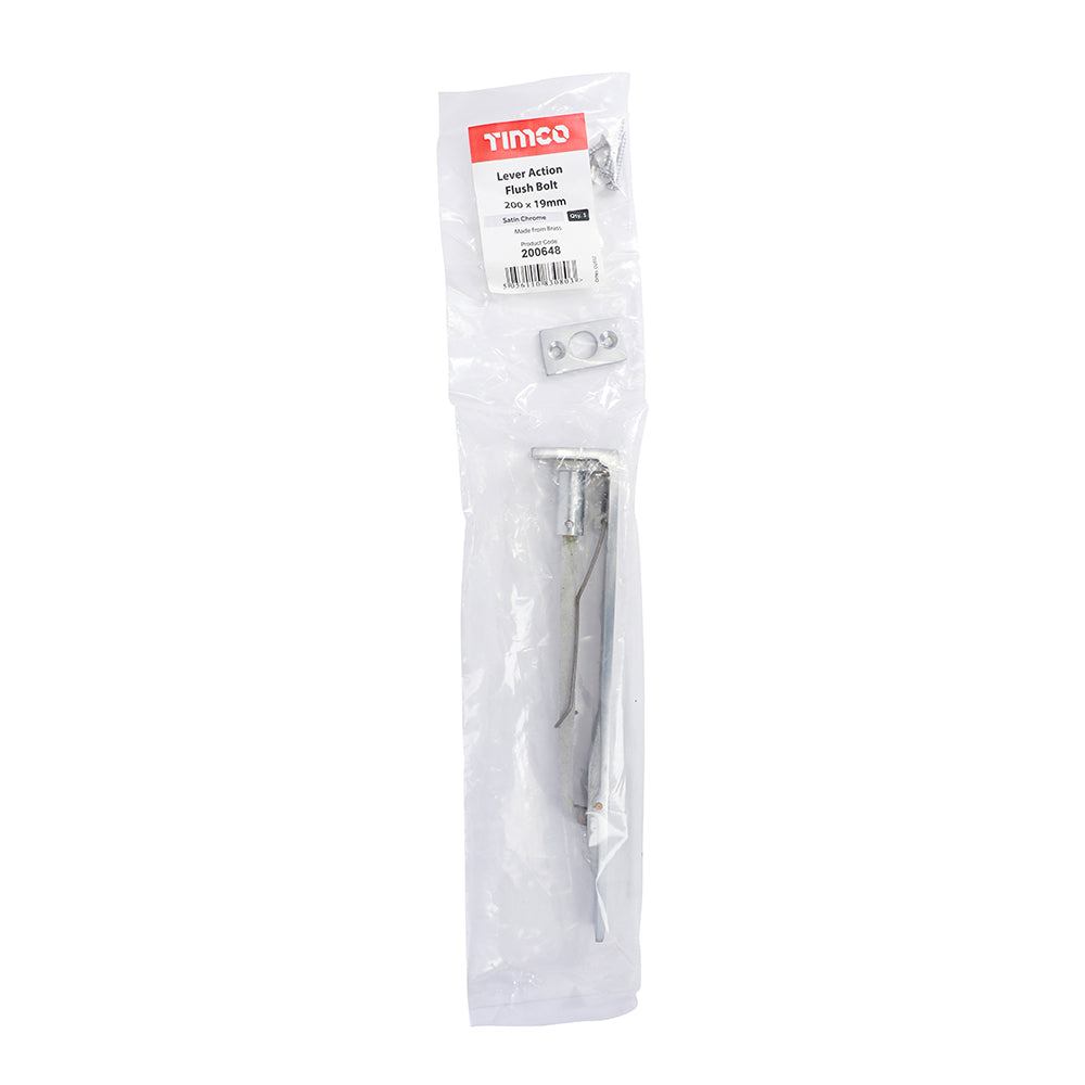 This is an image of Timco - Lever Action Flush Bolt - Satin Chrome 200 x 19mm (1 Each Bag) 200648