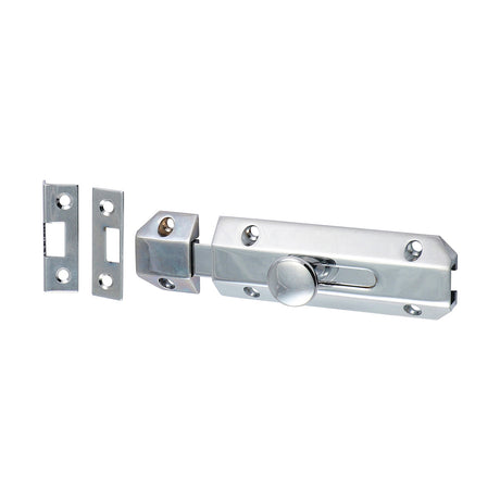 This is an image of Timco - Architectural Flat Section Bolt - Polished Chrome 100 x 35mm (1 Each Bag) 200777