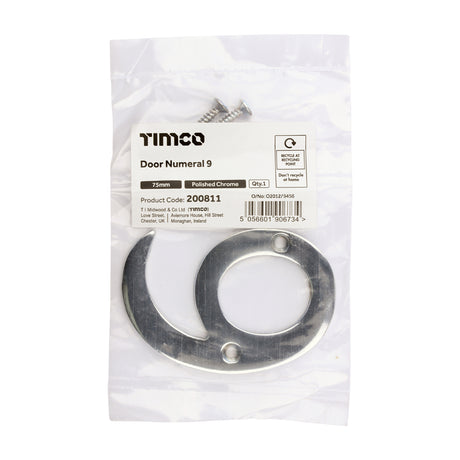 This is an image of Timco - Door Numeral 9 - Polished Chrome 75mm (1 Each Bag) 200811