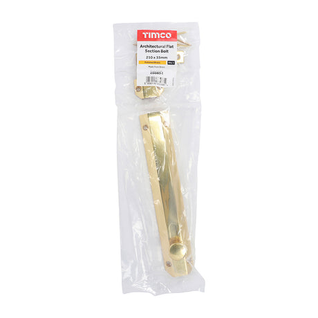 This is an image of Timco - Architectural Flat Section Bolt - Polished Brass 210 x 35mm (1 Each Bag) 200854