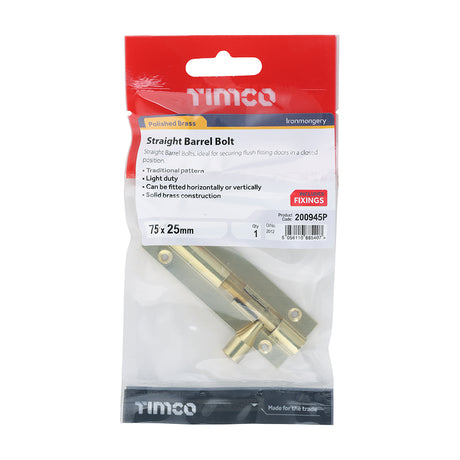 This is an image of Timco - Straight Barrel Bolt - Polished Brass 75 x 25mm (1 Each TIMpac) 200945P
