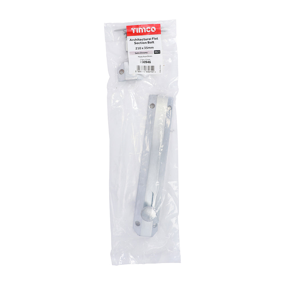 This is an image of Timco - Architectural Flat Section Bolt - Satin Chrome 210 x 35mm (1 Each Bag) 200946
