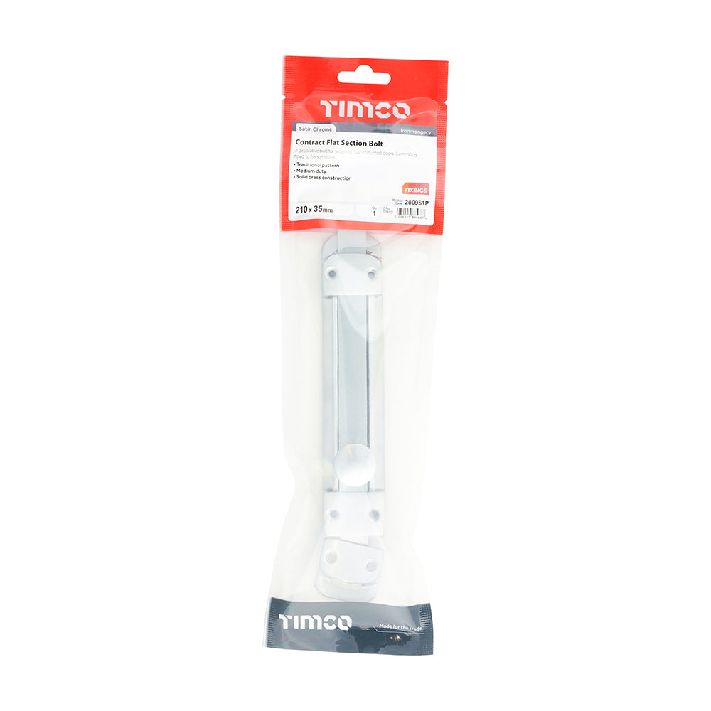 This is an image of Timco - Contract Flat Section Bolt - Satin Chrome 210 x 35mm (1 Each TIMpac) 200961P