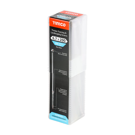 This is an image of Timco - Timber Frame Construction & Landscaping Screws - Hex - A4 Stainless Steel 6.7 x 200mm - (25 PCS Tube) 200INDEXSST