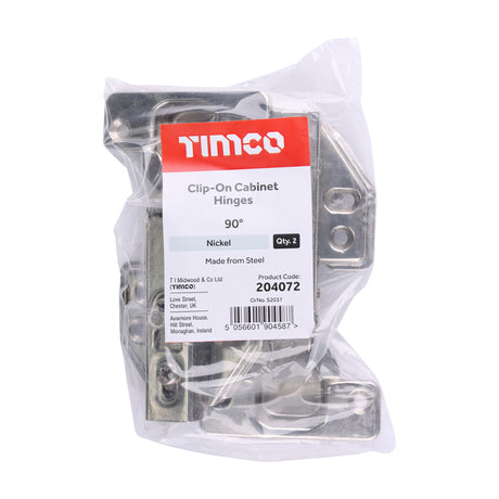 This is an image of Timco - Clip-On Cabinet Hinges - Nickel 90 Degree (1 Pairs Bag) 204072
