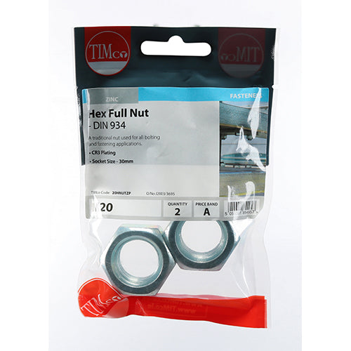 This is an image of Timco - Hex Full Nuts - Zinc M20 - (2 PCS TIMpac) 20HNUTZP