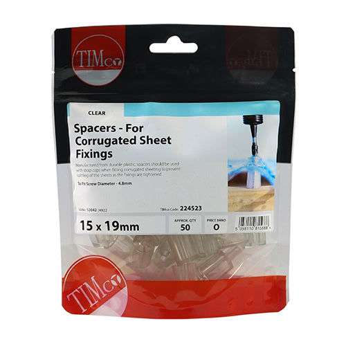 This is an image of Timco - Spacers - For Corrugated Sheet Fixings - Clear 15.0 x 19mm - (50 PCS TIMbag) 224523
