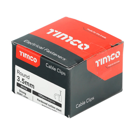This is an image of Timco - Round Cable Clips - White To fit 3.5mm - (100 PCS Box) 225147