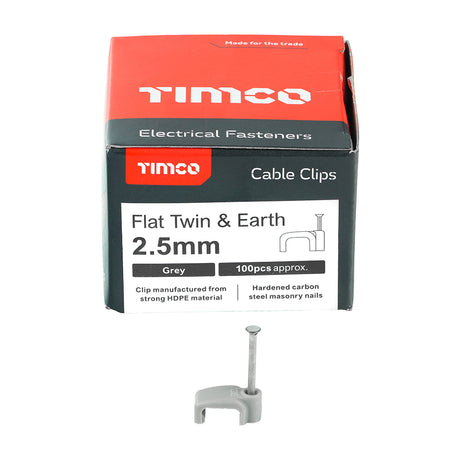 This is an image of Timco - Flat Twin & Earth Cable Clips - Grey To fit 2.5mm - (100 PCS Box) 225654