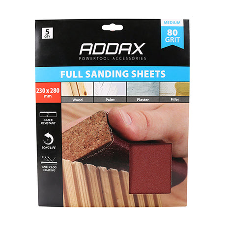 This is an image of Timco - Sanding Sheets - 80 Grit - Red 230 x 280mm (5 Pieces Pack) 231002
