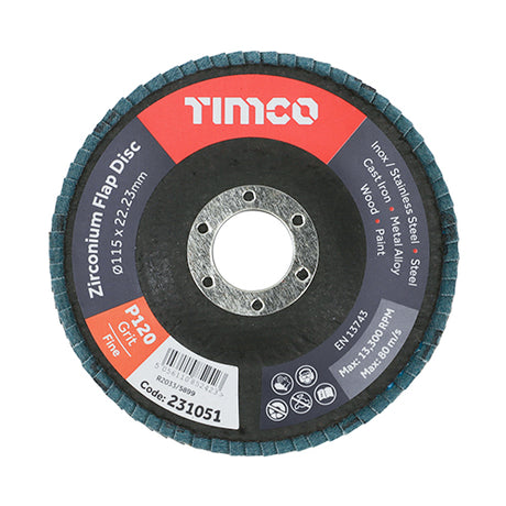 This is an image of Timco - Set of Flap Discs - Zirconium - Type 29 Conical - P120 Grit 115 x 22.23 (10 Pieces Box) 231006