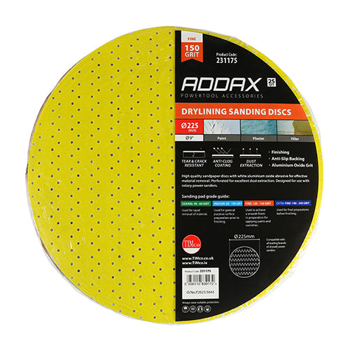 This is an image of Timco - Drylining Sanding Discs - 150 Grit - Yellow 225mm (25 Pieces Pack) 231175