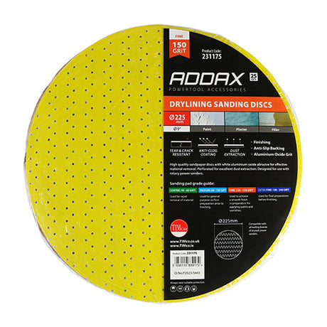This is an image of Timco - Drylining Sanding Discs - 150 Grit - Yellow 225mm (25 Pieces Pack) 231175